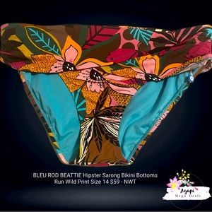 BLEU ROD BEATTIE Hipster Sarong Bikini Bottoms Run Wild Print Size 14 NWT